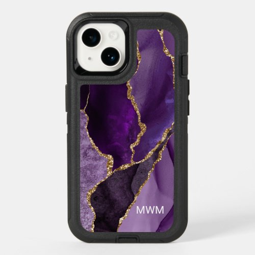 Chic Purple Gold Veins Agate Monogram OtterBox iPhone 14 Case