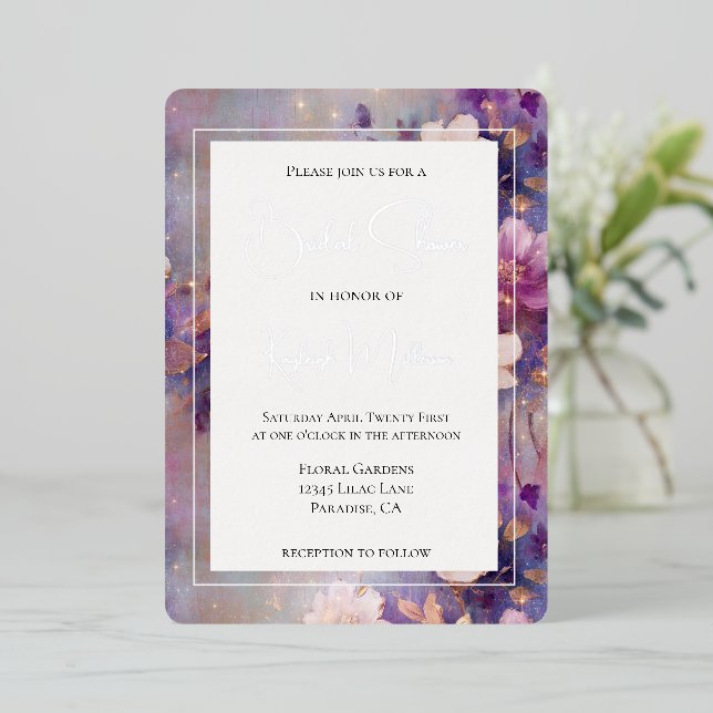 Chic Purple Gold White Floral Bridal Shower Foil Invitation (Standing Front)