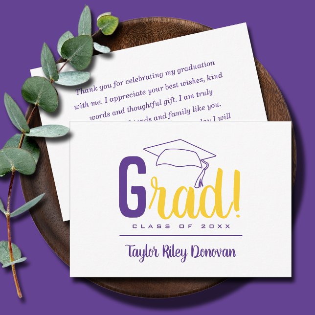 Chic Purple Grad Cap Graduation Note Card (3.5" x 5" purple and yellow Grad and graduation cap flat note cards, your message on the back)