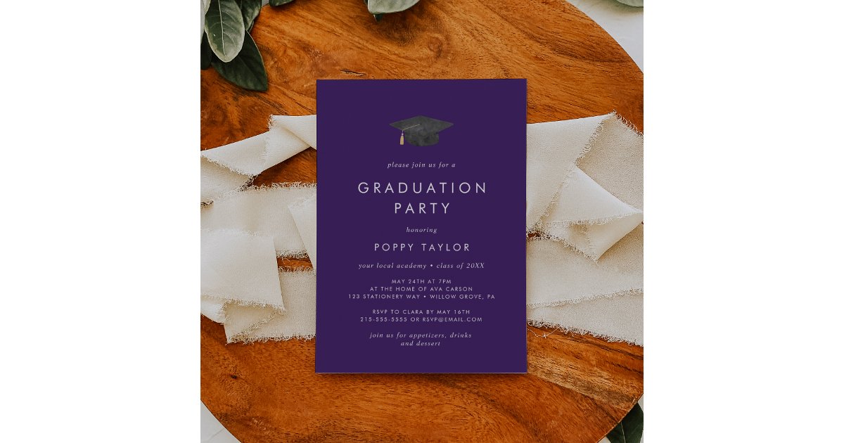 Graduation Puple Menu Card Chic Purple Grad Cap Graduation Party Invitation | Zazzle