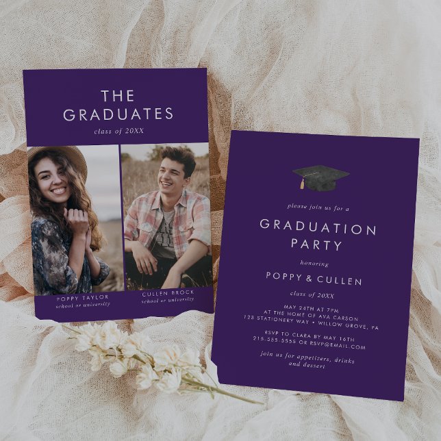 Chic Purple Grad Cap Photo Double Graduation Party Invitation (Creator Uploaded)