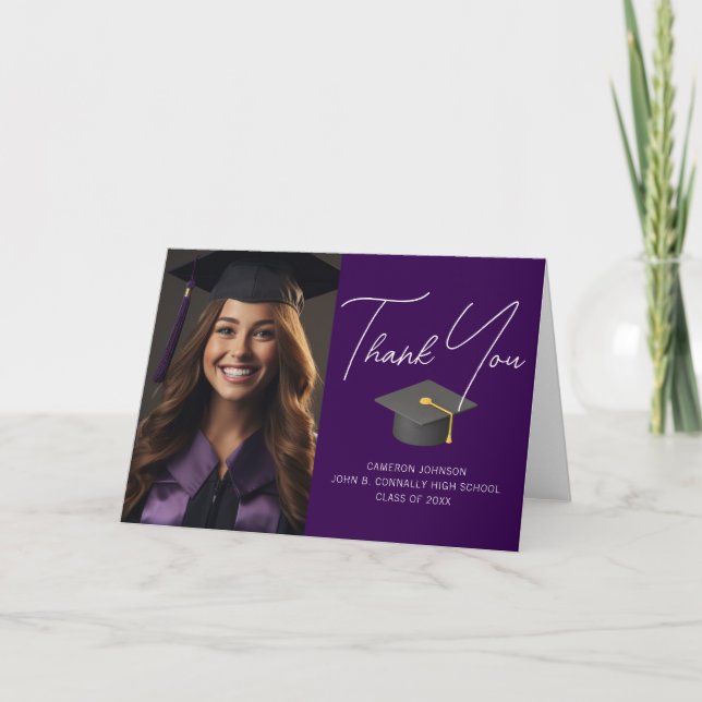 Chic Purple Graduate Photo Custom Graduation Thank You Card (Front)