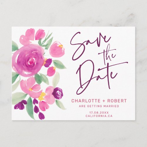 Chic purple green floral wedding save the date announcement postcard