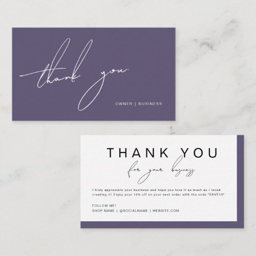 Chic Purple Handwritten Script Thank You Discount Business Card