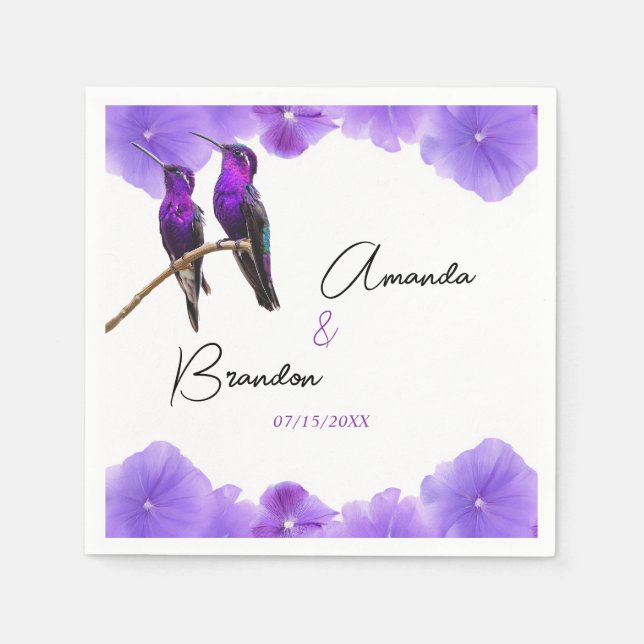 Chic Purple Hummingbirds and Petals Wedding Napkins (Front)