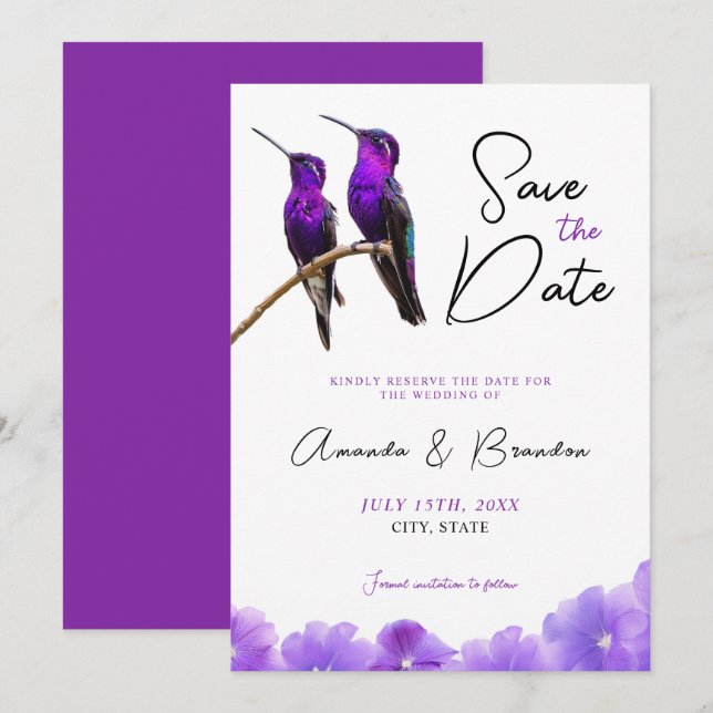 Chic Purple Hummingbirds and Petals Wedding Save The Date (Front/Back)