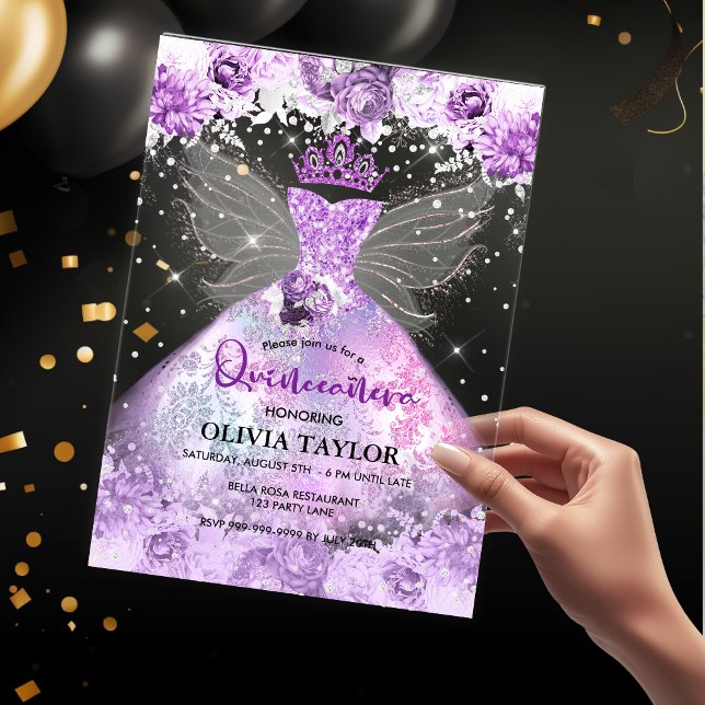 Chic purple lavender dress floral Quinceanera Acrylic Invitations (Creator Uploaded)