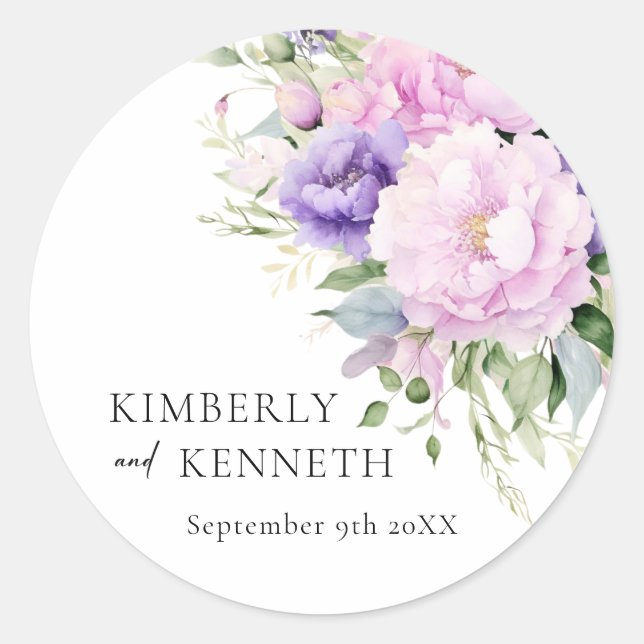 Chic Purple Lavender Pink Violet Floral Wedding  Classic Round Sticker (Front)