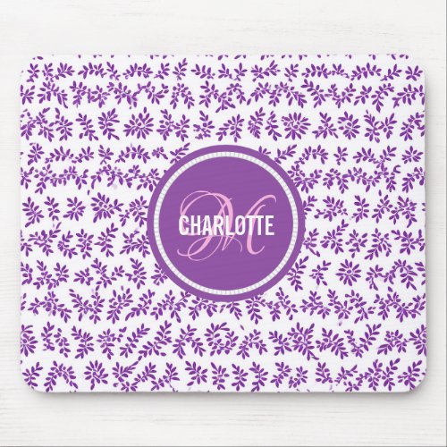 Chic purple leaves pattern monogrammed name mouse pad
