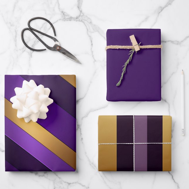 Chic Purple, Lilac, and Gold Striped  Wrapping Paper Sheets (Front)