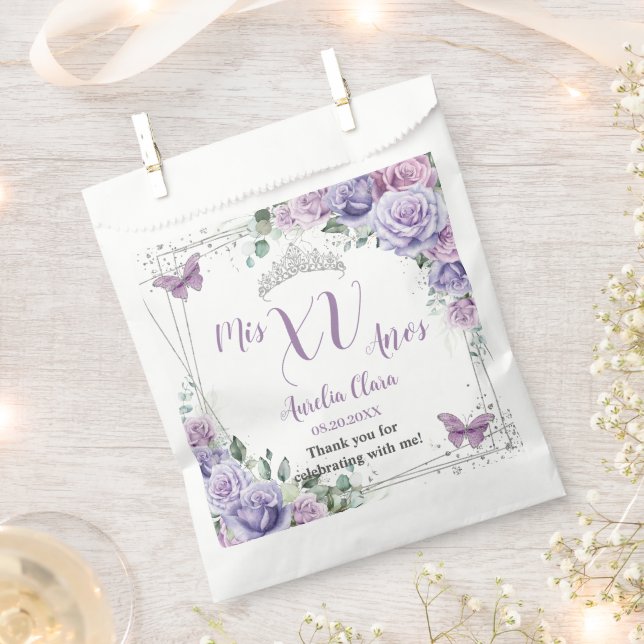 Chic Purple Lilac Floral Butterflies Quinceañera Favor Bag (Clipped)