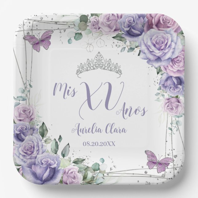 Chic Purple Lilac Floral Butterflies Quinceañera  Paper Plates (Front)