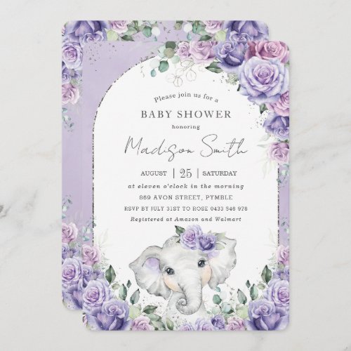 Chic Purple Lilac Floral Elephant Baby Shower Invitation