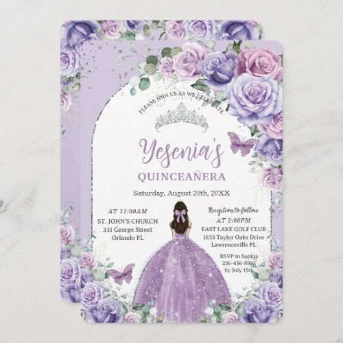 Chic Purple Lilac Floral Quinceaera Silver Arch Invitation