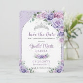 Chic Purple Lilac Floral Quinceañera Silver Arch  Save The Date (Standing Front)