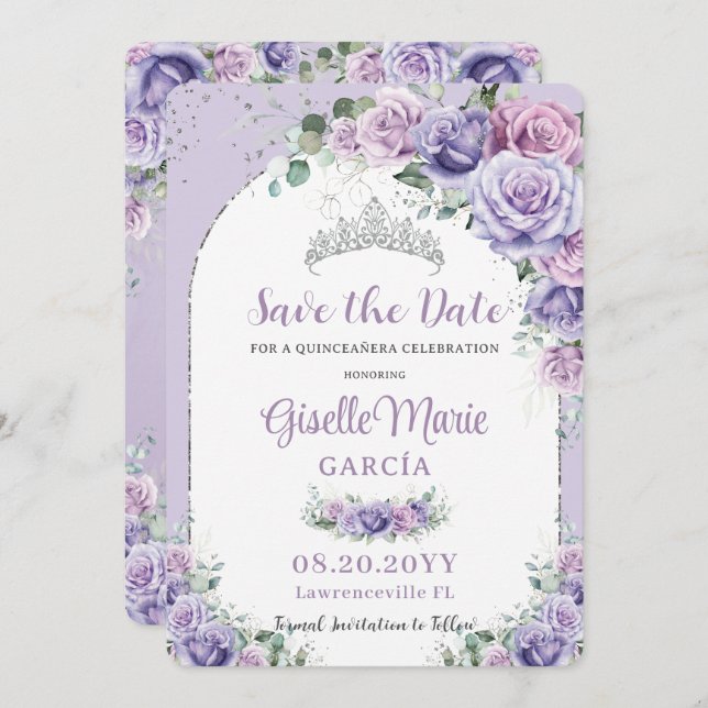 Chic Purple Lilac Floral Quinceañera Silver Arch  Save The Date (Front/Back)