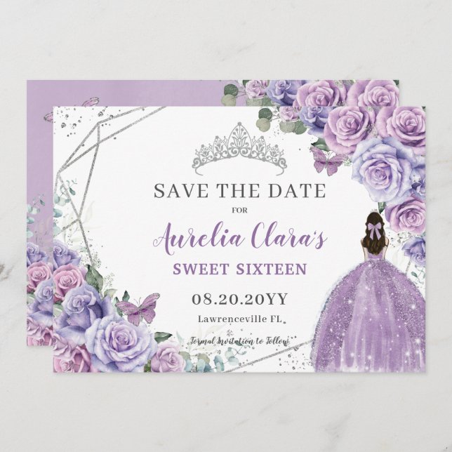 Chic Purple Lilac Floral Quinceanera Sweet Sixteen Save The Date (Front/Back)