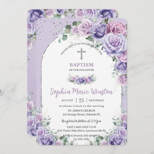 Chic Purple Lilac Floral Roses Silver Baptism Invitation