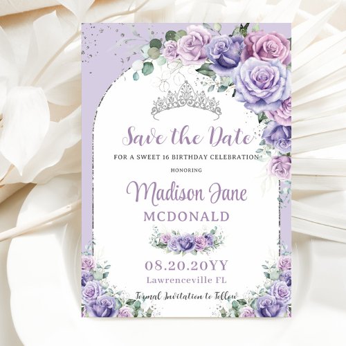 Chic Purple Lilac Floral Sweet 16 Silver Birthday Save The Date