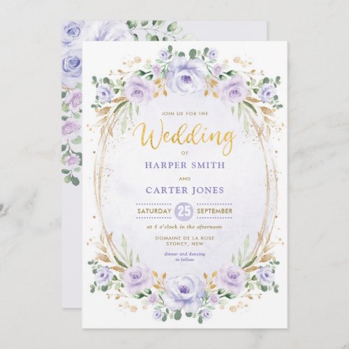 Chic Purple Lilac Gold Floral Garden Wedding Invitation