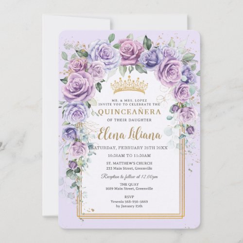 Chic Purple Lilac Lavender Floral Gold Quinceañera