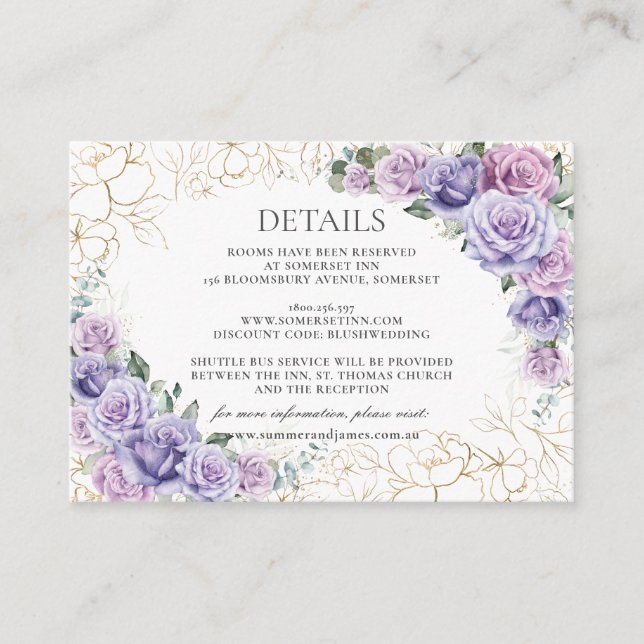 Chic Purple Lilac Lavender Floral Wedding Details Enclosure Card (Front)