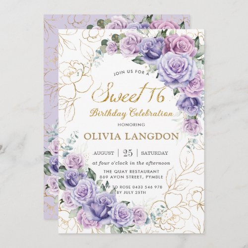 Chic Purple Lilac Lavender Roses Sweet 16 Birthday Invitation