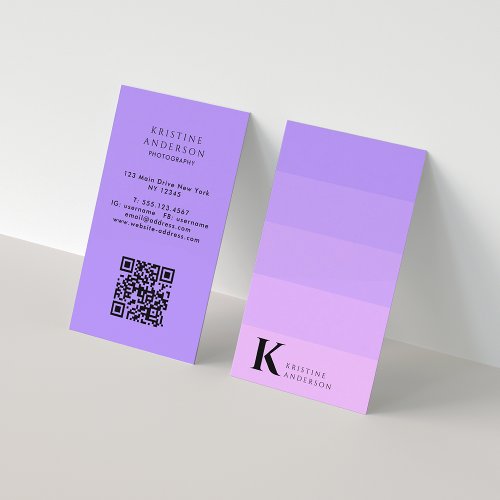 Chic Purple Lilac Ombre Classic Monogram QR Code Business Card