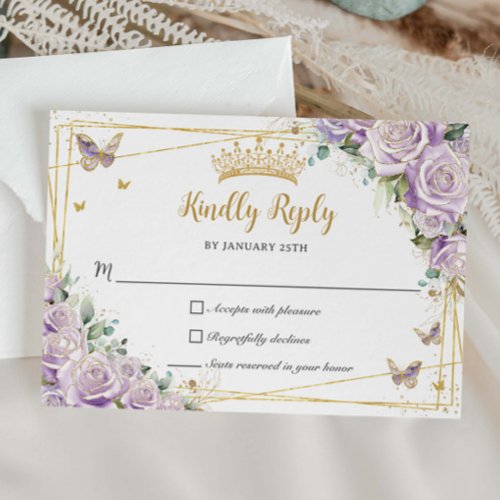 Chic Purple Lilac Roses Floral Gold 15 Quincea&#241;era RSVP Card
