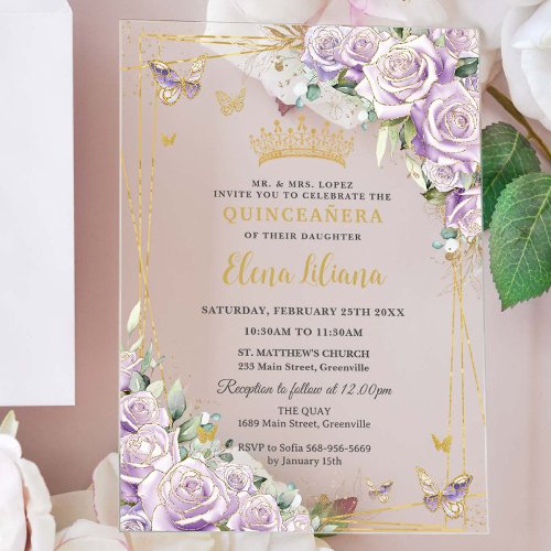 Chic Purple Lilac Roses Floral Gold Quinceaera XV Acrylic Invitations