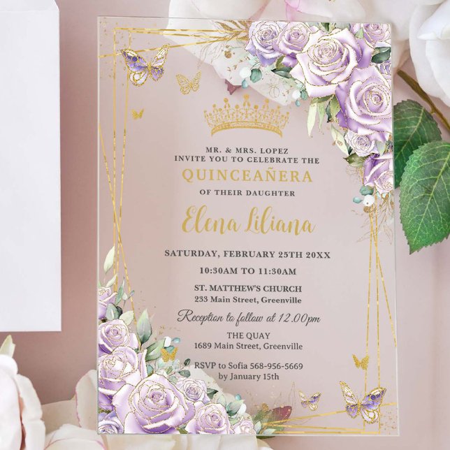 Chic Purple Lilac Roses Floral Gold Quinceañera XV Acrylic Invitations (Creator Uploaded)