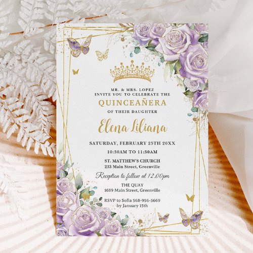 Chic Purple Lilac Roses Floral Gold Quinceaera XV Invitation