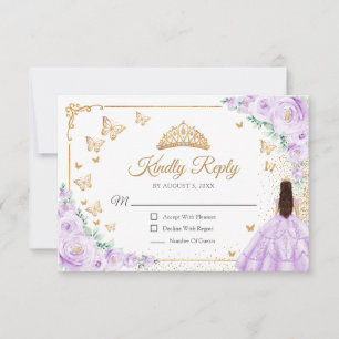 Chic Purple Lilac Roses Gold Quinceanera Reply RSVP Card