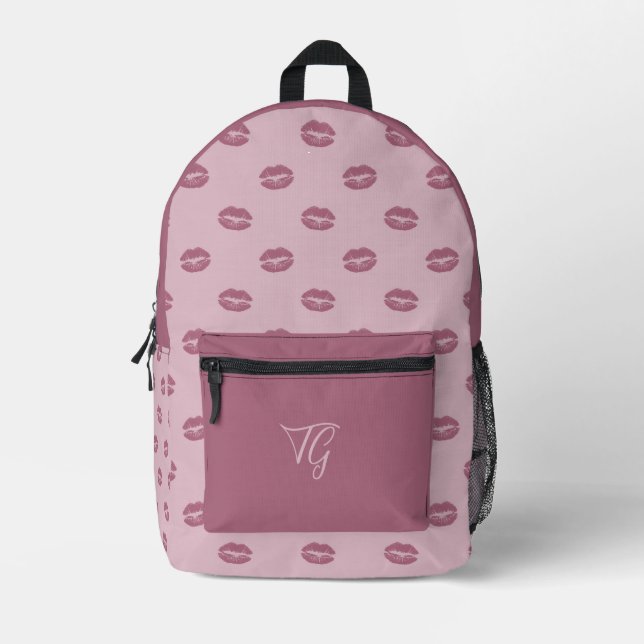 Chic Purple Lips on Lavender Personalized Initials Printed Backpack (Front)