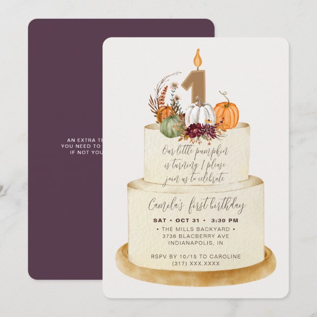 Chic Purple Little Pumpkin First Birthday Cake Invitation (Front/Back)