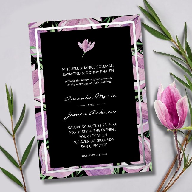 Chic Purple Magnolias on Black Wedding Silver Foil Invitation (Chic purple and white magnolias on black wedding invitations with silver foil border)