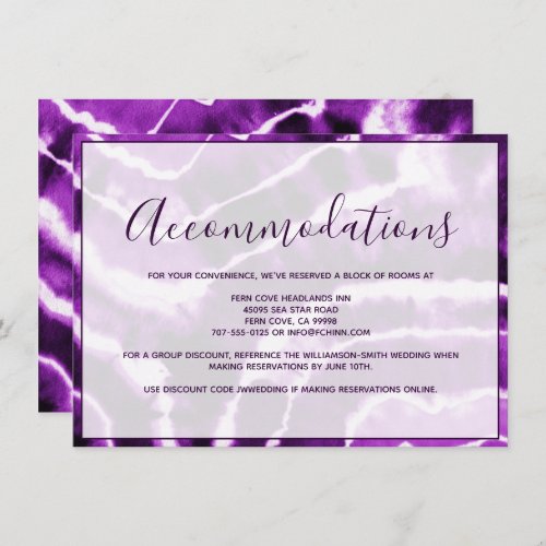 Chic Purple Marble Tie Dye Wedding Accommodations Enclosure Card