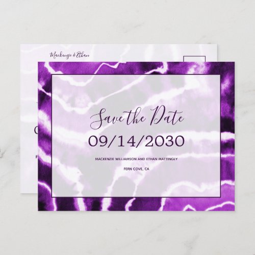 Chic Purple Marble Tie Dye Wedding Save the Date Announcement Postcard