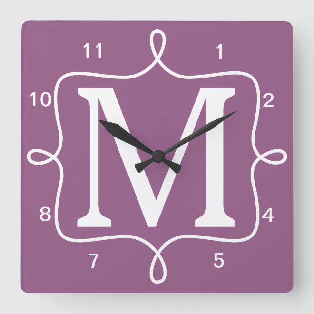 Chic Purple Monogram Square Wall Clock (Front)