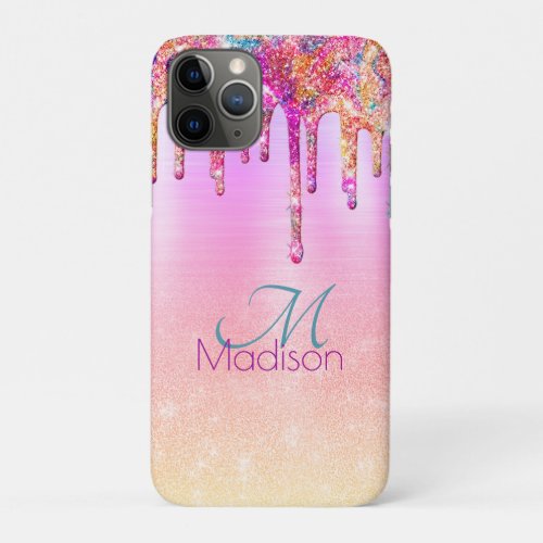 Chic purple orange ombre glitter drips monogram iPhone 11 pro case