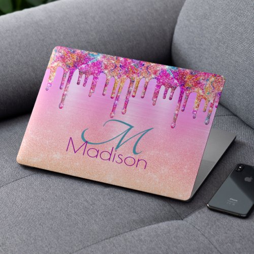 Chic purple orange ombre glitter drips monogram HP laptop skin