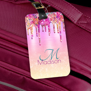 Chic purple orange ombre glitter drips monogram luggage tag