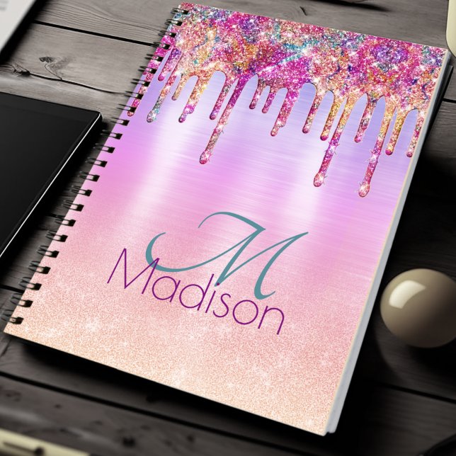 Chic purple orange ombre glitter drips monogram notebook (Creator Uploaded)