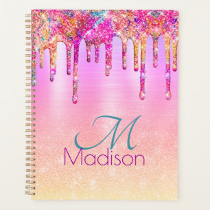 Chic purple orange ombre glitter drips monogram planner