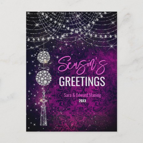Chic purple ornaments glitter Christmas new year Postcard