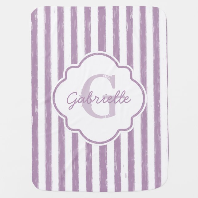 Chic Purple Painted Stripes Monogram and Name Baby Blanket (Front)