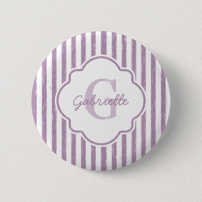 Chic Purple Painted Stripes Monogram and Name Button (Front)