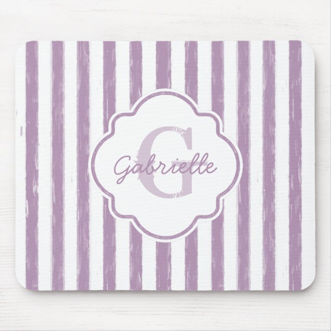 Chic Purple Painted Stripes Monogram and Name Mouse Pad (Front)