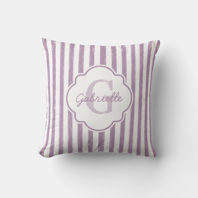 Chic Purple Painted Stripes Monogram and Name Throw Pillow (Front)