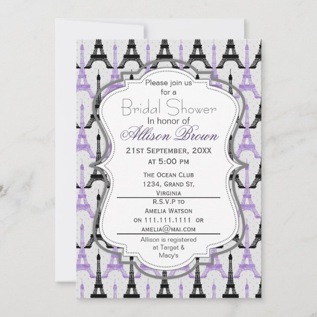 Chic Purple Paris Eiffel Tower Bridal shower Invitation (Front)